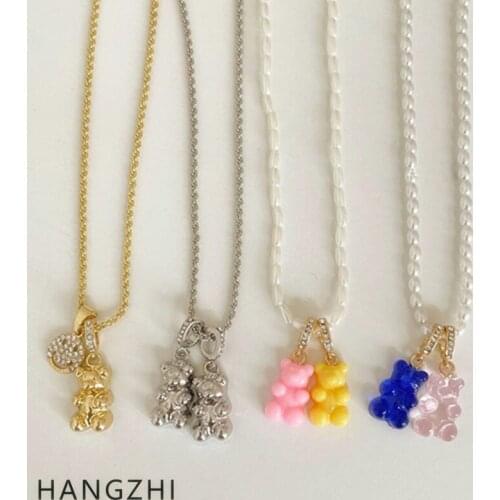 HANGZHI 2021 INES New Cute Color Gummy Bear Acrylic Pendant Choker Clavicle Chain Necklace Party Fashion Jewelry for Women Girls