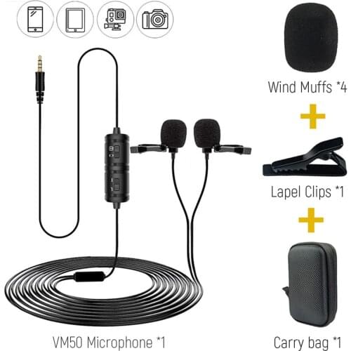 KLW VM50 Dual Lavalier Lapel Microphone Clip-on interview micphone for iPhone Android Smartphone Sony Canon Nikon Gopro Cameras