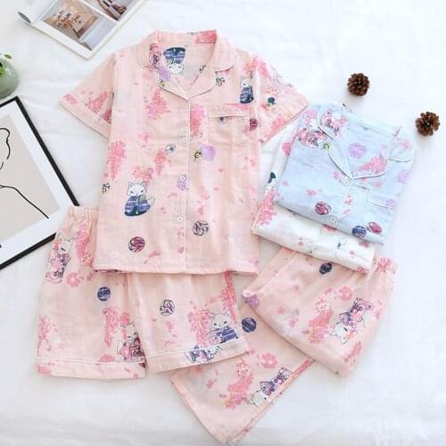 Spring, Summer/autumn Pure Cotton Pajamas Womens Three-piece Suit Short-sleeved Trousers Shorts Loose Large Size Home Service