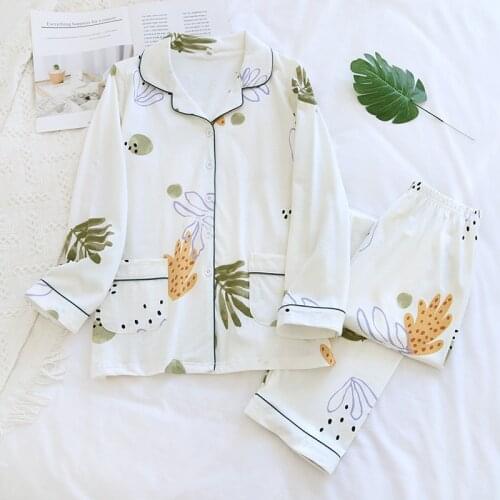 Summer Spring 2021 Pajamas Women Banana Leaf Pajama 100% Cotton Female Cute Night Suit Long Sleeve Sleepwear Pant Pyjamas Sets