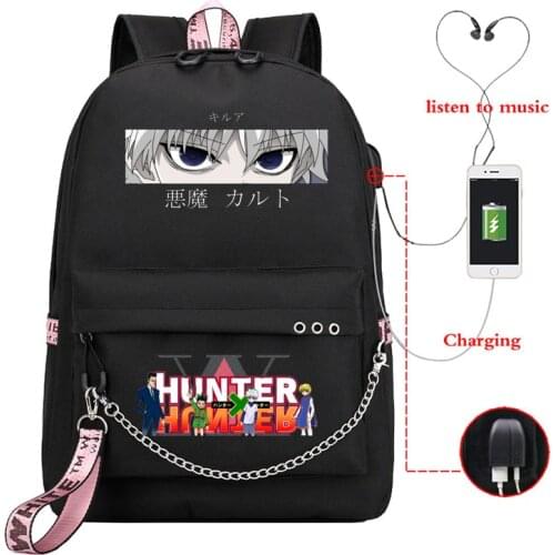 USB Charging Backpacks Girls Boys Anime School Bags Hunter X Hunter Eyes Killua HxH Mochila Infantil Harajuku for Teenagers