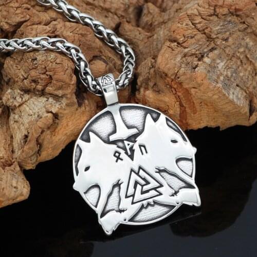 Nordic viking odin wolf Geri and Freki rune pendant necklace stainless steel with valknut rune gift bag