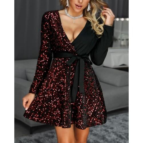 Spring Elegant V-Neck Sequins Ruched Mini Dress Women Patchwork Long Sleeve Slim Waist Night Club Wedding Party Dress Vestidos