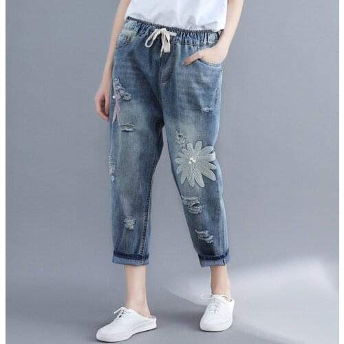 Plus Size Floral Sequin High Waist Jeans For Women Denim Overalls Harem Pants Ankel Length Hole Trousers For Feminino BC50