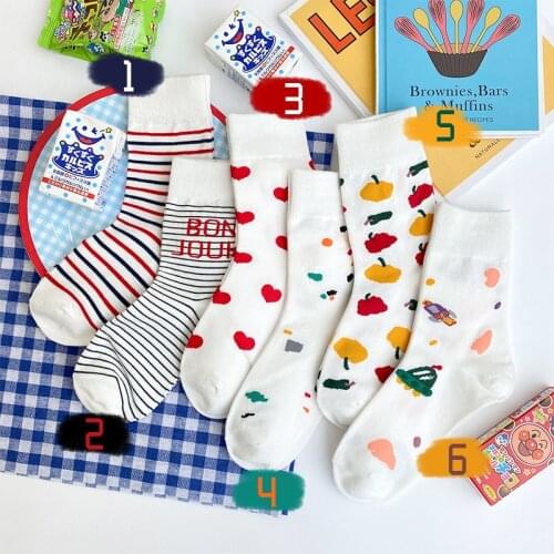 Streetwear Cartoon Pattern Cute Socks Women Japanese Korean Harajuku Style Kawaii Fruits Striped Heart Letter White Cotton Socks