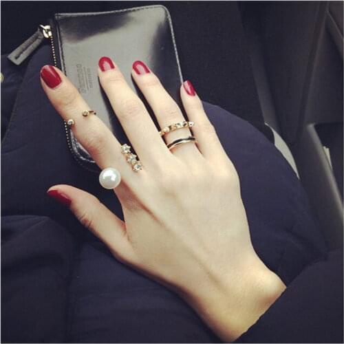 AOMU 1SET Korea Imitation Pearl Rhinestones Ring Fashion Exaggeration Opening Adjustable Ring For Women Jewelry