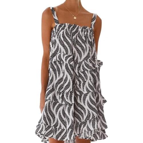 Women Summer Sling Dress Leaf Print Loose Female Ladies Ruffle Hem Dress for Vacation Loose Casual Fashion Beach Dresses