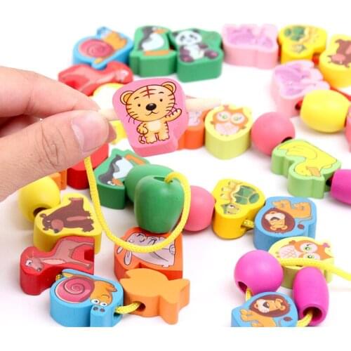 50Pcs/Set Childrens Wooden Cartoon Stringing Threading Beads Game With Fruit Animals Beads Early Education Toys For Kids Gift