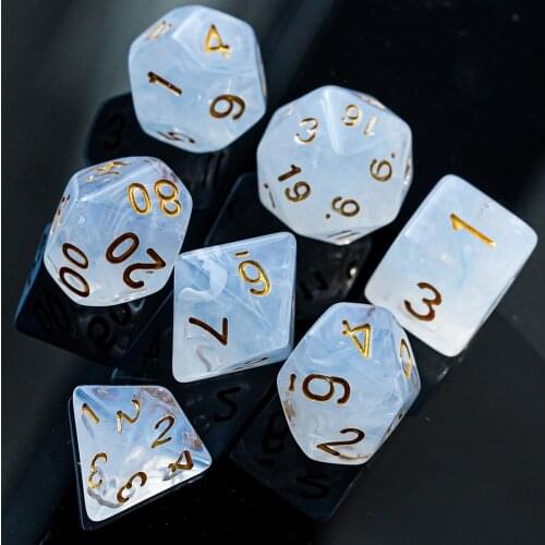 7Pcs/Set the White Smog DND Dice Set Golden Font D4 D6 D8 D10 D% D12 D20 Polyhedral Dice for Role Playing Board Game DND RPG MTG