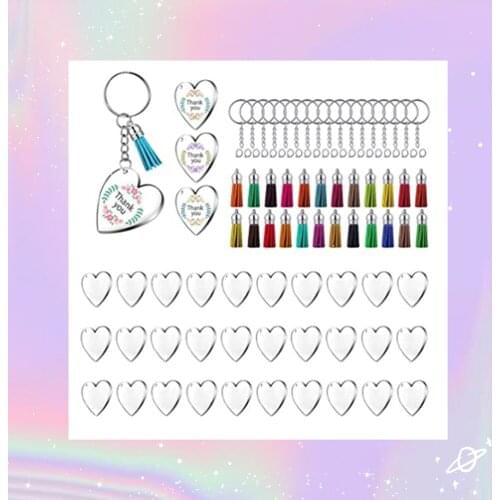 90Pcs Acrylic Discs Clear Heart Keychain Blanks Charms and Colourful Tassel Key Rings for DIY Crafts Jewelry Making