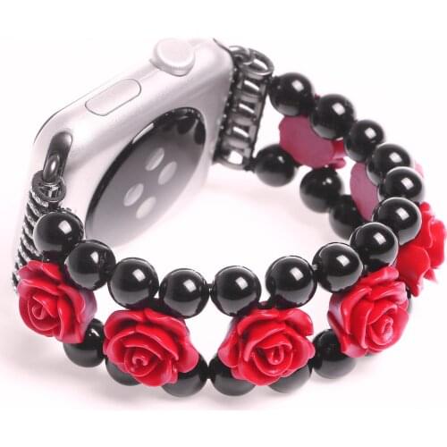 Ladies Red Rose Black Agate JBand for Apple Watch Strap Bracelet for iWatch Series 5 4 3 2 1 Stretch Wristband 38 40 42 44mm