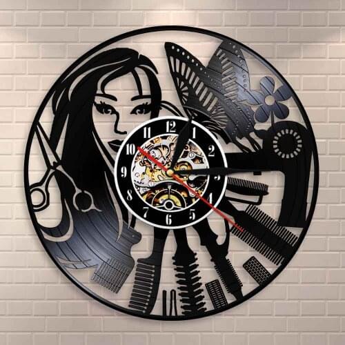 Hairdressing Beauty Salon Design Vinyl Record Clock Watch Barber Shop Wall Decor Barber Shop Sign Silent Haircutting Wall Clock