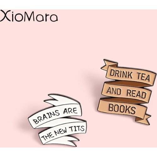 Phrase Ribbon Banner Enamel Pins Book and Tea Relax Your Brain Brooches Lapel Badges Wholesale Pin Jewelry Gifts for Friend