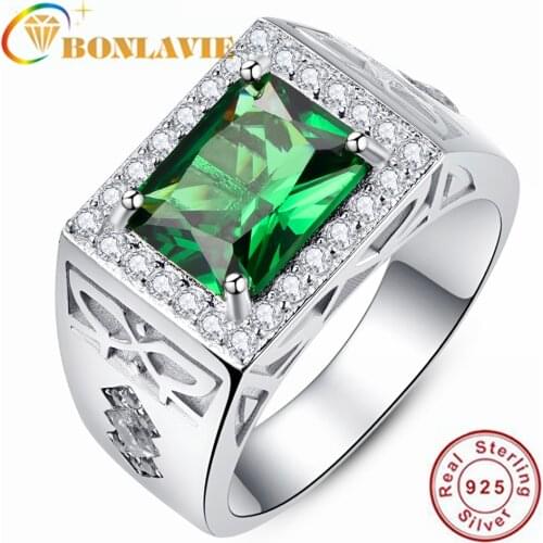 BONLAVIE 925 Sterling Silver Square Green Zirconium Compact Diamond Mens Ring for Wedding and Engagement Gift