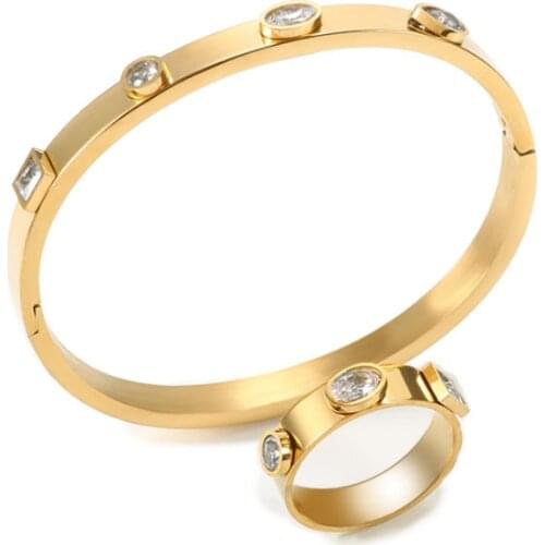 Fashion Stainless Steel Jewelry Set Charm Round Square Crystal l Bangles Rings for Men Women Wedding Luxury Jewelry Set Gift