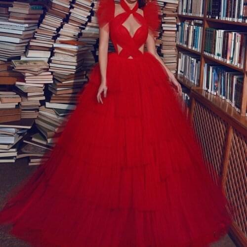 Red Sexy Backless Evening Dresses Sheer Tulle Layered Halter Ball Gowns Custom Made Prom Gresses Vestido De Festa
