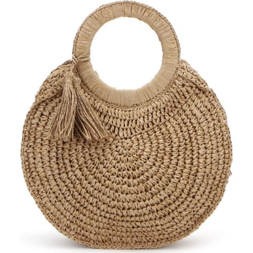 Fashion fringed straw bag tassel round hand beach woven bag casual women totes
