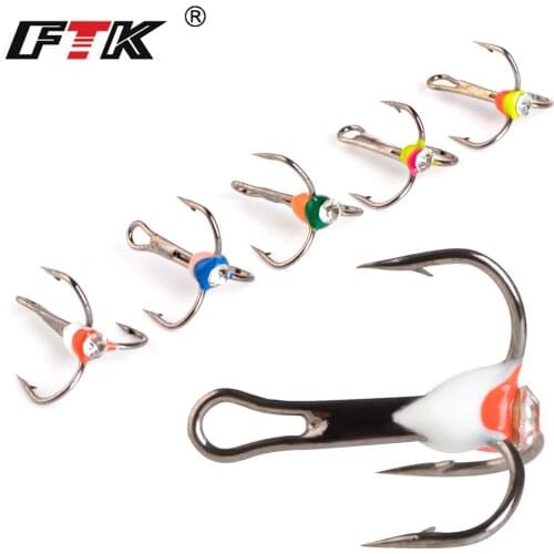 FTK 6/8/10/12 5pcs/1Pack Winter Fishing Hook Treble Tricolor Decoration Sparking Marine Cut High Carbon Steel
