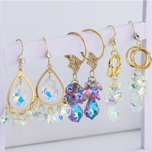 Lifefontier Multiple Crystal Drop Earrings for Women Gold Color Metal Colorful Purple Crystal Tassel Earrings Wedding Jewelry