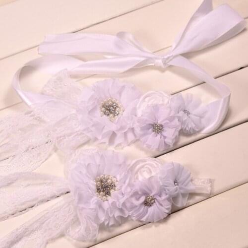 Sweet Bridal Headband and Belt Set Pearl Floral Lace Party Dress Belts Flower Hairband Pregnant Women Photo Accessories Props