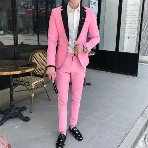Mens Pink Pattern Groom Tuxedos Notch Lapel Men Suits 2 Pieces Custom Made Wedding Best Man Dress ( Jacket+Pants )