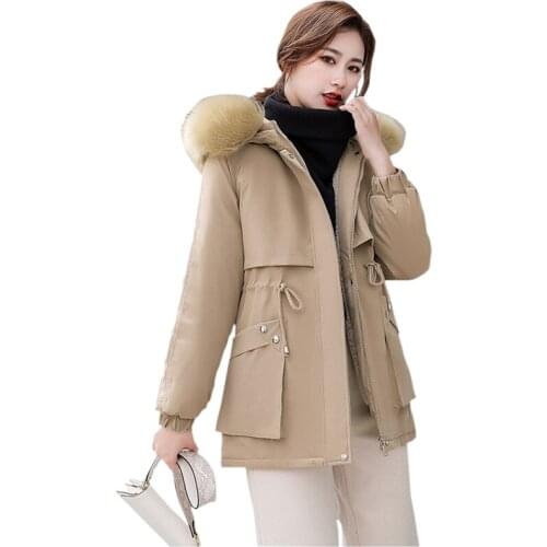 2021 New Plus Velvet Padded Cotton Down Jacket Winter Jackets Womens Parka Big Fur collar Pocket Solid Warm Jacket Winter Coats