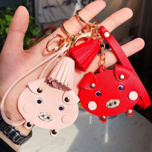 New cartoon leather PU pig car keychain cute tassel bag key chain ring pendant