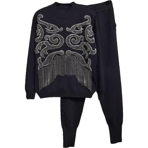 Autumn Winter Tracksuit Women Set Fashion Beading Tassel Long Sleeve Knitted Sweater + Casual Pants 2 Piece Outfits Female H721