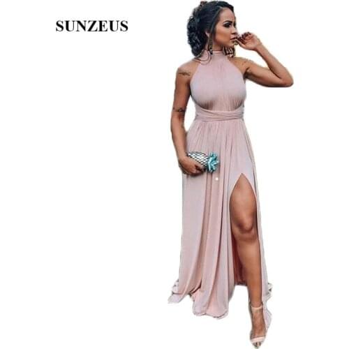 High Neck A-Line Bridesmaid Dresses Long Leg Slit Sexy Wedding Party Dresses Open Back Simple Prom Dresses SBD108