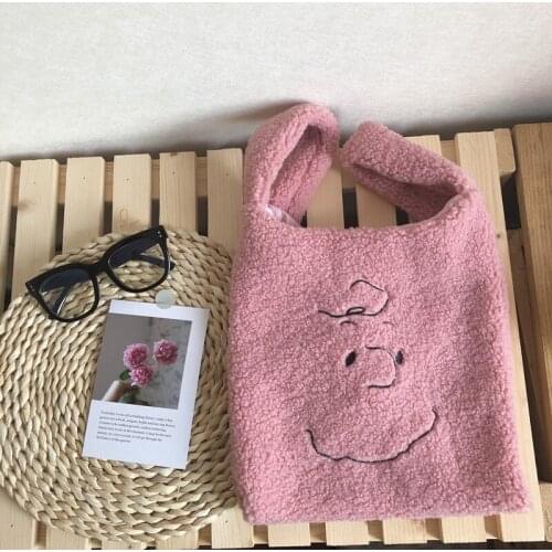 Plush Winter Cartoon Handbags Cute Face Embroidery Hand Bag Women Solid Color Ladies Bag Tote 28*30cm Fashion Warm Small Bag