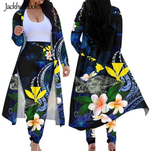 Jackherelook Casual Women 2 Piece Open Front Cardigans Polynesain Hawaii Turtle Floral Print High Waist Skinny Long Pants Suits
