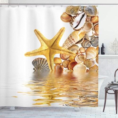 Seashells Shower Curtain Shells and Starfish Reflection Water Golden Yellow Spa Clear Beach Theme Bathroom Decor Set with Hooks