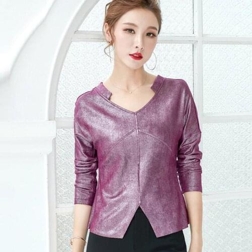 Spring Fall Fashion Women Slim Long Sleeve Purple Golden Sequined Shirt , 2019 New Female Womens Glitters Stand Collar Shirts