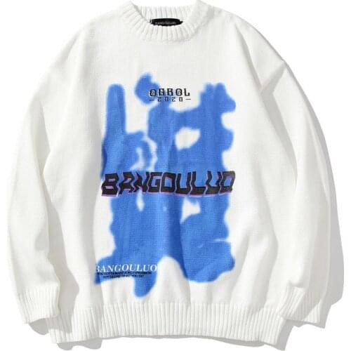 Hip Hop Graffiti Jacquard Round Neck Mens Sweater Couple Korean Casual Loose Lazy Style Mens and Womens Sweater Pullover