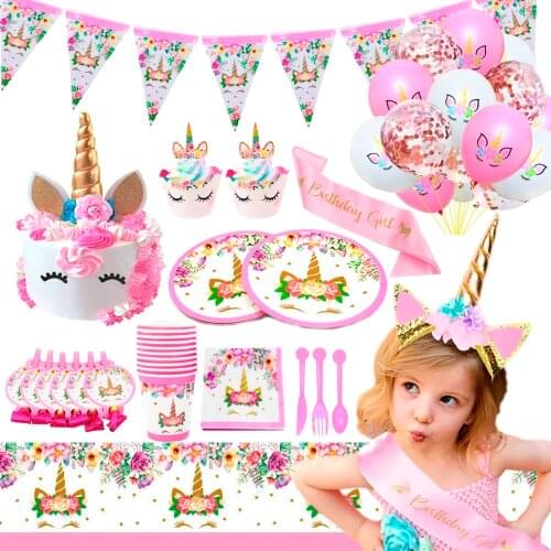 Unicorn Party Supplies Tableware Brithday Dinnerware Decoration Boy Girl Baby Shower Plates Cups 1st Birthday Favors Kids Pink