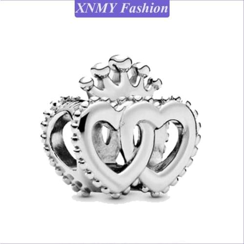 XNMY Hot Sale Silver Color Crown and Entwined Hearts Charm Beads Fit Original Pandora Bracelet Bangle Jewelry Making DIY Gift