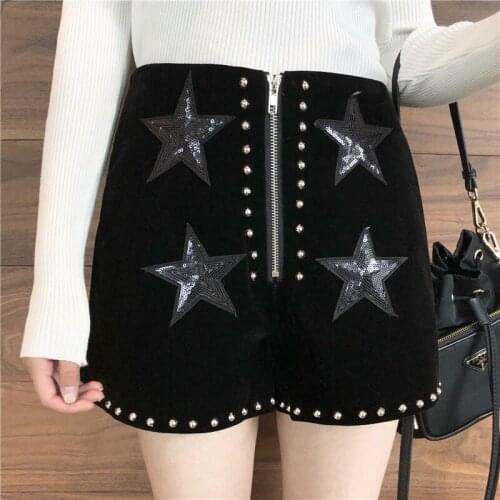 Women Autumn Winter High Waist Rivet PU Star Designed Straight Zipper Velvet Shorts All Matching Black 2020