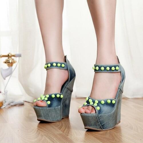 Denim Sandales Femme 2019 12 cm Super High platform Sandals Back Zipper Summer Shoes Color Rivets Studded Wedges Shoes For Women