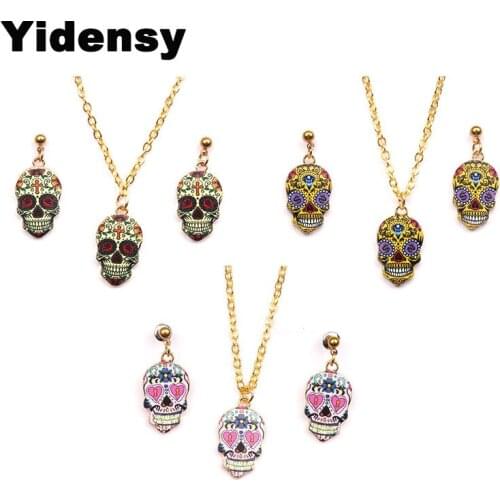 Yidensy Punk Sugar Skull Head Stud Earrings Necklace Jewelry Sets for Women Men Long Chian Funk Party Statement Jewelry Gifts