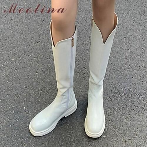 Meotina Women Genuine Leather Knee High Boots Flat Platform Western Boots Round Toe Zipper Ladies Boots 2021 Autumn Winter Beige