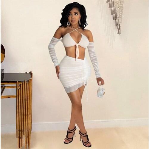 2020 New Arrival Famous Brand 2 pcs Women Set Solid Halter Strapless Short Tops Mini Dress Summer Sexy Outfits