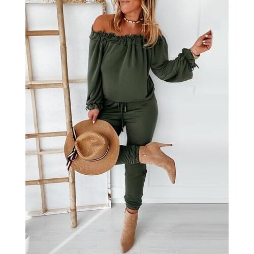 2021 Women Spring Solid Off Shoulder Long Sleeve Drawstring Frill Hem Jumpsuit Casual Ruffles Female Clothing