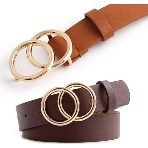 Womens Belt Fashion Leather Waist Belt Double Ring Circle Buckle Design Adjustable Waist Strap For Lady Dresses Jeans Accessory