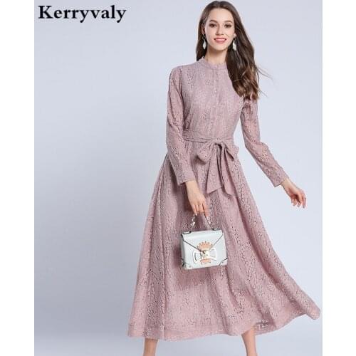 Elegant Women Pink Lace Maxi Dress Vestidos Mujer 2021 Spring Long Sleeve Long Party Dress Robe Longue Vestido Longo K3283