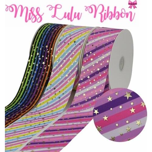 3"75mm Star Gold Foil Rainbow Stripes Lines Printed Grosgrain Ribbon DIY Wedding Party Decor Hair Bowknots 50yards/roll