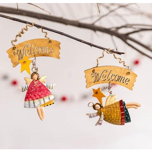 4 PCS Vintage Retro Christmas Angel Doll Decoration Welcome Door Hanging Plate Wooden Sign Pendant Xmas Home Decor
