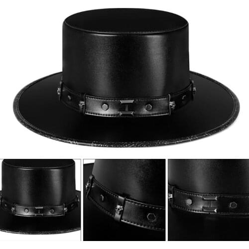 Free Shipping Steampunk Plague Doctor Hat PU Leather Black Flat Top Hat for Halloween Cosplay Costume Props au4 21 wholesales