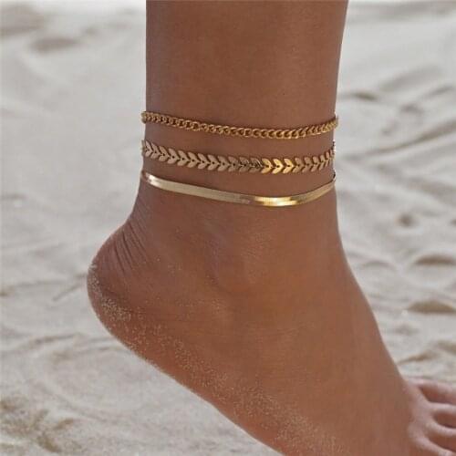 Modyle 2020 New Gold Color Simple Chain Anklet for Woman Fashion Leaves Multilayer Anklet Set Beach Accessories Jewelry