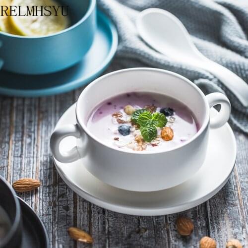 RELMHSYU Nordic Style Solid Ceramic Binaural Rice Bowl With Dish Soup Spoon 3PCS Set Home Tableware