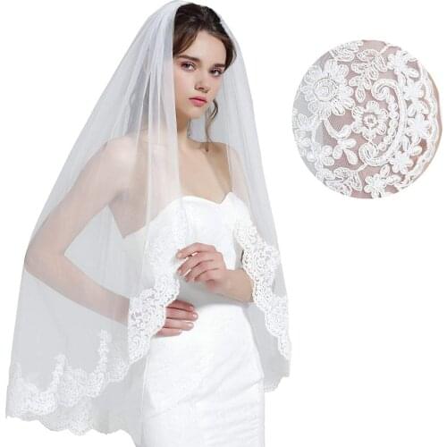 Wedding Bridal Veil with Comb 1 Tier Lace Applique Edge Ivory Fingertip Length vail Velo De Novia accesorios de novia Mariage